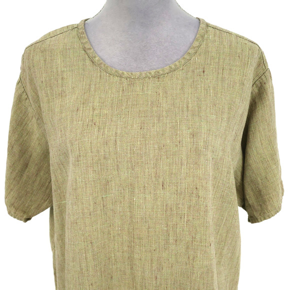 Flax Top Womens Medium Green Gold Linen Tunic Blouse Side Slits Lagenlook - Picture 7 of 12